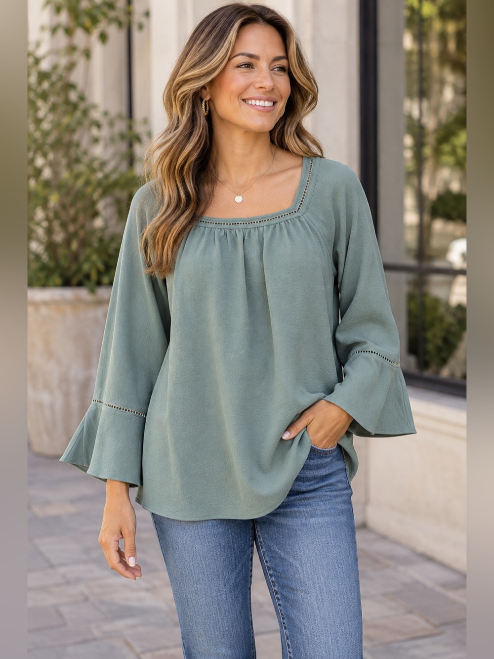 🌿✨ Marc New York Sage Green Bell Sleeve Blouse | M | NWT 💚